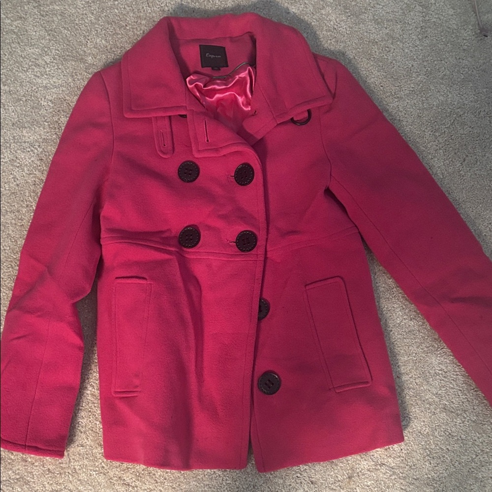 Express Vibrant Pink Double-Breasted Pea Coat
